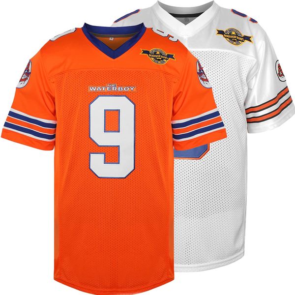 The Waterboy #9 Bobby Boucher Adam Sandler 50th Anniversary Movie Mud Dogs Bourbon Bowl Football Jersey (Orange, Small)