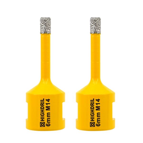 HIGHDRIL Diamond Core Drill Bit - 2Pcs 1/4" (6mm) with M14 Thread Dry drilling for Porcelain Tile Ceramic Granite Marble Stone Masonry Brick for Angle Grinders