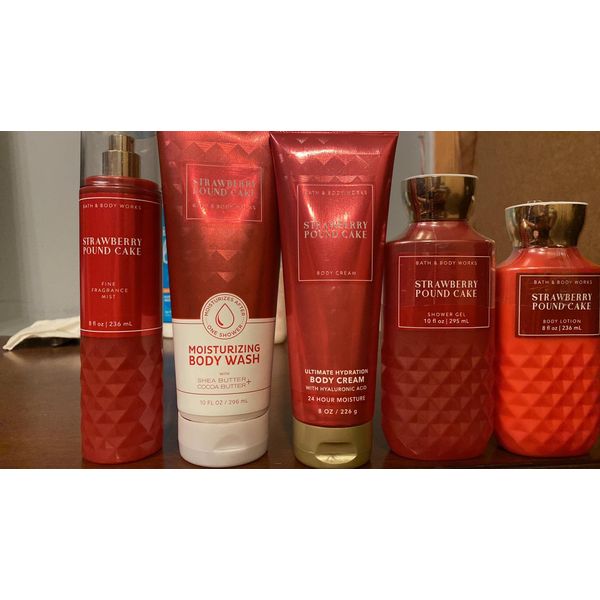 Bath & Body Works Skin Care Bundle Strawberry Pound Cake Wash Mist Cream Shower Gel and Lotion Full Size