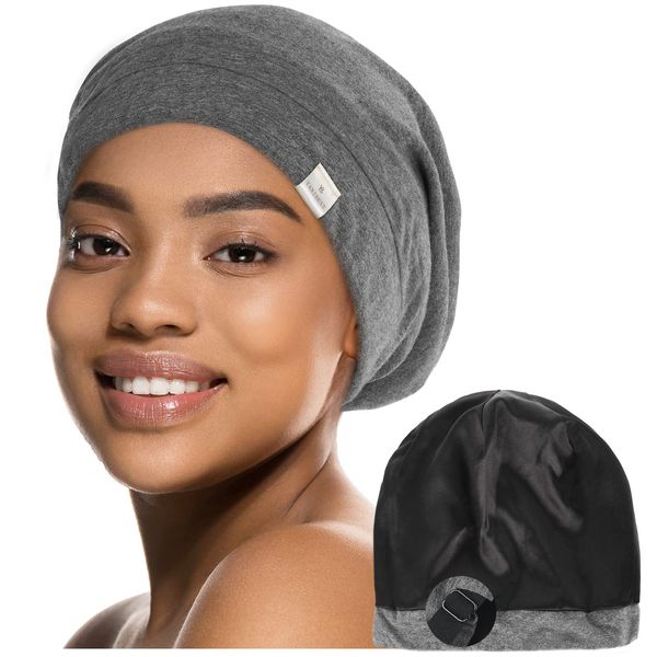 YANIBEST Silk Satin Bonnet Hair Cover Sleep Cap - Dark Grey Adjustable Stay on Silk Lined Slouchy Beanie Hat for Night Sleeping