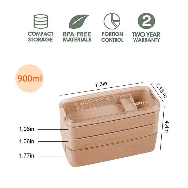 Bento Box For Kids Adults Lunch Box With 3 Compartment, Wheat
