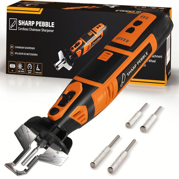 Sharp Pebble Electric Cordless Chainsaw Sharpener Kit - Comes with Chain Saw Sharpener Tool, 4 File Size Sharpening Wheels, Angle Attachment, Wrench & eBook