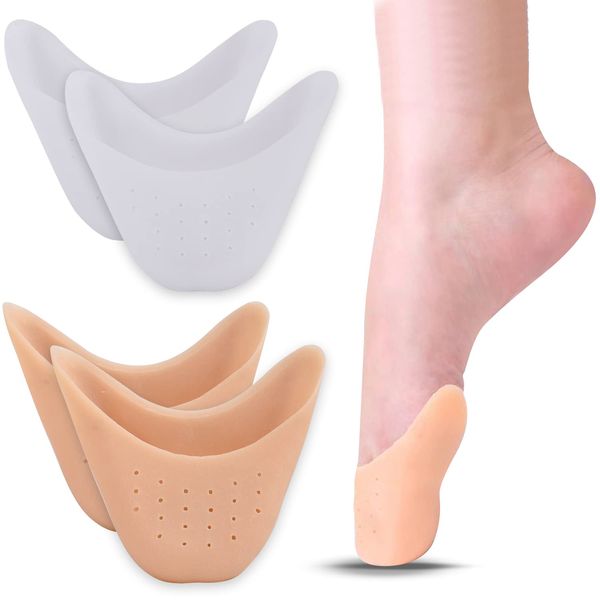 2 Pairs Silicone Gel Toe Protectors with Breathable Hole, White + Nude Soft Toe Protector for Shoes, Covers Toe Caps Metatarsal Pads Cushion Ballet Pointe Dance High Heel Shoe Pads