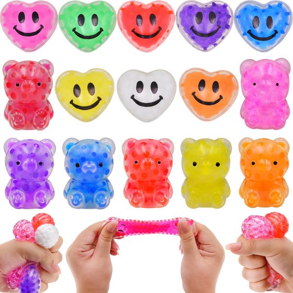 Menzcci 16 Pack Valentines Mini Stress Ball Squishy Toy, Hearts Bears Squeeze Ball Toys for Birthday School Classroom Valentines Day Card Prizes Party Favor Gifts