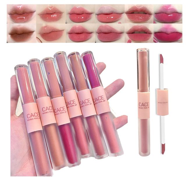 Domality 6 Colors 2 in 1 Double-end Lip Gloss Set, 6pcs Matte Velvet & Mirror Finish Liquid Lipstick, Long Lasting Waterproof Glossy Lip Glaze, Plumping Hydrating Fuller Lip Makeup Gift Kit