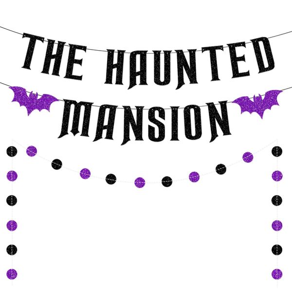 The Haunted Mansion Banner for Halloween Haunted Mansion Decorations, Welcome Foolish Mortals, Halloween Haunted Mansion Doormat Sign, Halloween Haunted Mansion Banner with Bat for Mantel Fireplace