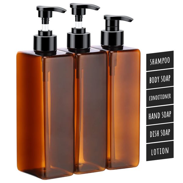 Segbeauty Shampoo Flaschen, 3 Stück 500 ml Leere Pumpflasche, Nachfüllbare Seifenspender Plastik, Shampoo Spülung Duschgel Spender mit Selbstklebend Wasserdichten Etiketten für Küche Bad Bernstein