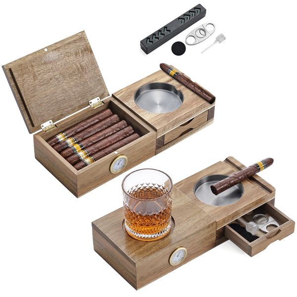 Joyoldelf Cigar Humidor Solid Wood Cigar Set Ashtray,5-In-1 Cigar Humidor Box with Wine Holder,Cedar Cigar Humidor, Metal Cigar Ashtray,slots,Drawer,Cigar Accessories for Men Home Cigar Gifts