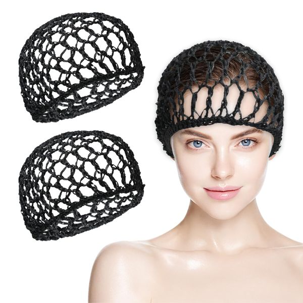 2Pcs Crochet Hair Net Cap for Sleeping Hairnet Snoods Wrap Bonnets Mesh Knit Hats Weaving Head Protector for Women Long Straight Curly Hair Wig Reusable for Soft Rayon Sleeping Bath Shower Black