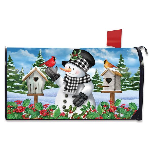 Checkered Snowman Winter Magnetic Mailbox Cover Cardinal Pair Standard