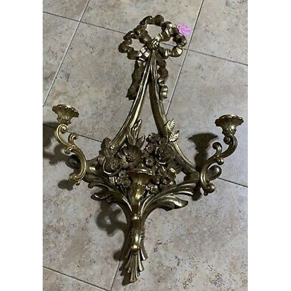 Vintage Syroco Wall Sconce Gold Tone 3 Arm Candleholder W/ Floral Detail, 1970