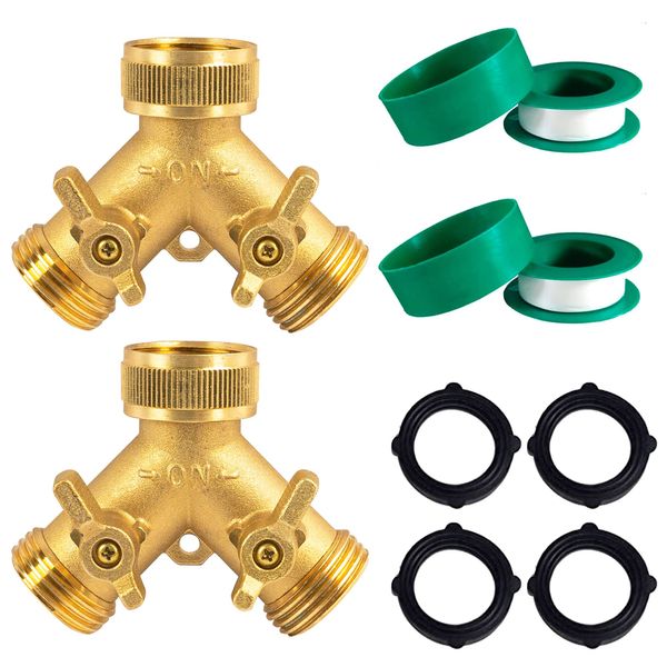 Hourleey Brass Garden Hose Splitter (2 Way), Solid Brass Hose Y Splitter 2 Valves with 2 Extra Rubber Washers (2 Pack)