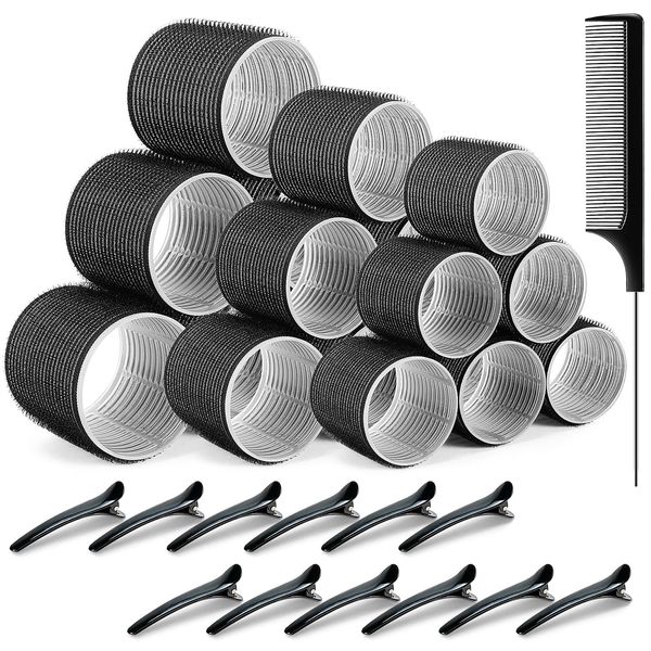 31 Stück schwarze Lockenwickler Set, 3 Größen 64mm 48mm 36mm, mit 12 Stück schwarzen Entenschnabel Clips und 1 Kamm, Locken ohne Hitze, selbstklebend Hair Rollers für langes, mittleres und kurzes Haar