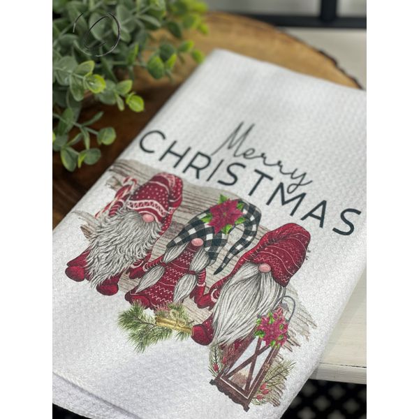 Merry Christmas Gnomes Waffle Weave Tea Towel