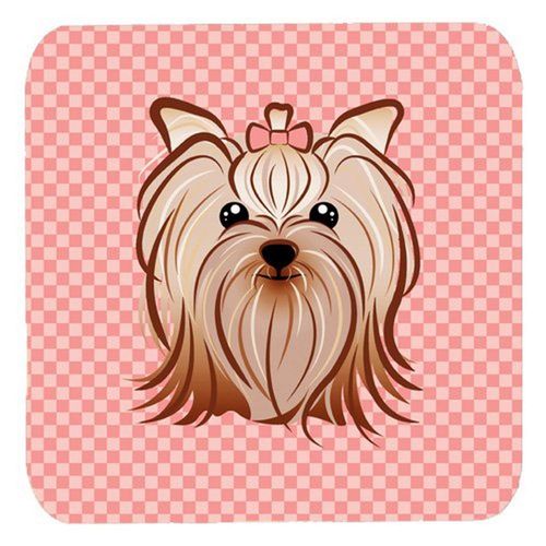 Caroline's Treasures Checkerboard Pink Yorkie Yorkishire Terrier Foam Coaster (Set of 4), 3.5" H x 3.5" W, Multicolor