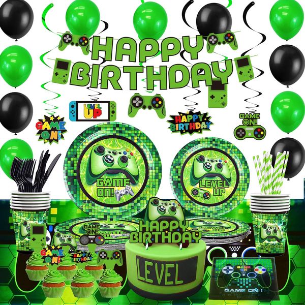 Green Video Game Party Supplies 201Pcs Gamer Gaming Party Decoration For Boys Birthday Party Table Cover, Plates, Cups, Napkins, Utensils, Hanging Swirls, Birthday Banner, Cupcake, Topper Cake