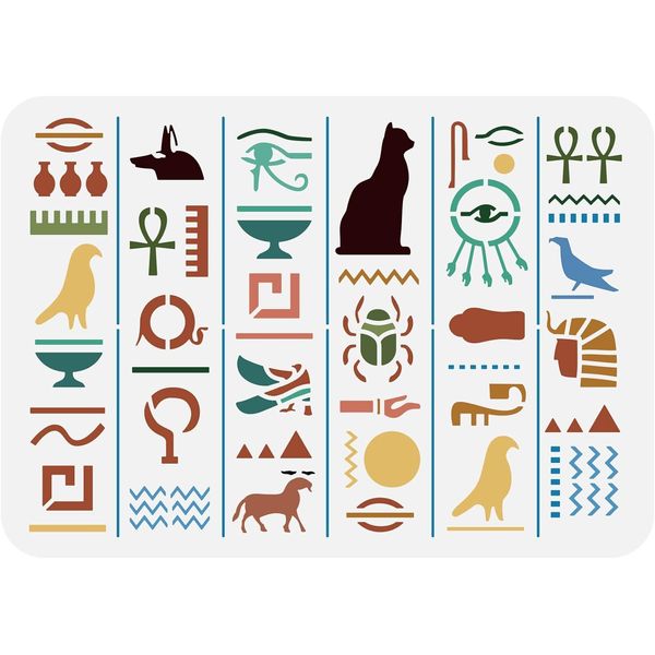 FINGERINSPIRE Egyptian Hieroglyph Stencil Template 29.7x21cm Egyptian Template Plastic Cat Bired Beetle Pattern Painting Stencil Reusable DIY Decor Stencil for Painting on Wood, Floor, Wall