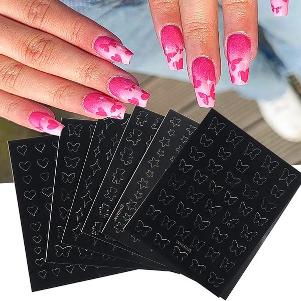 6 Sheets Airbrush Nail Stickers Nail Stencils French Star Heart Starburst Bear Butterflies Nail Decals Printing Template DIY Stencil Tool Nail Designs Nail Decorations （6 Designs）