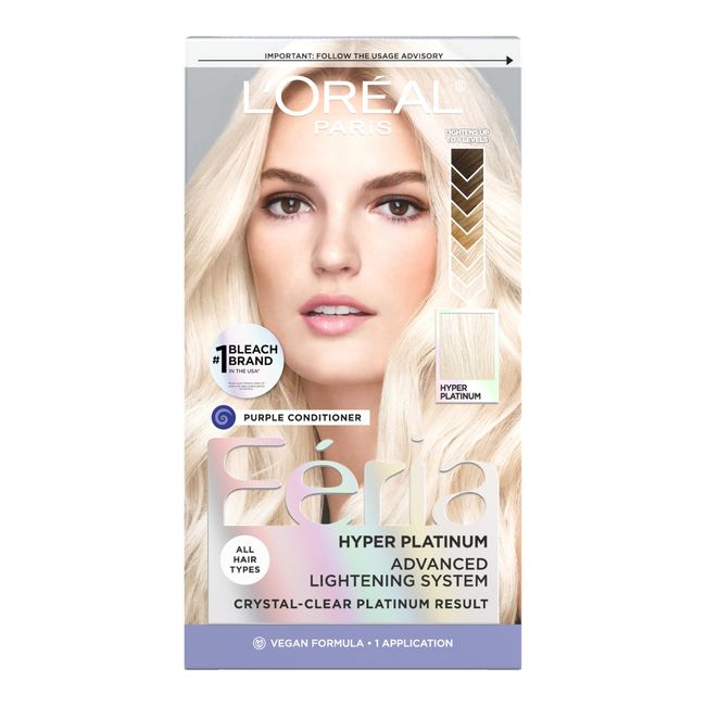 L'Oreal Paris Feria Hyper Platinum Advanced Lightening System Hair Bleach, Lifts Up To 8 Levels, Includes Anti Brass Purple Conditioner, 1 Hair Dye Kit