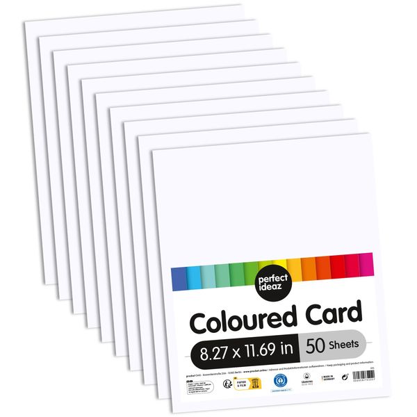 perfect ideaz 50 Sheets White Photo Card, A4 Size (8.27 x 11.69 in), Craft Paper, Dyed Through Sheets, Construction Paper in 300g /qm, Tinted Drawing Carton for Crafts, Quality Sheets