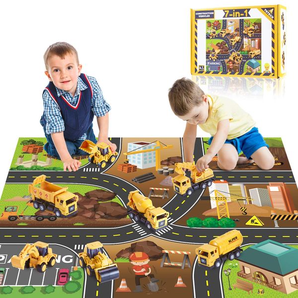 Yetech 7-1n-1 Construction Vehicles Toys Set with Play Mat - 7 Sturdy Engineering Trucks Toys, 27.6 * 31.5inches Play Mat, Christmas Birthday Gift for Toddlers Boys 3 4 5 6 7 Years Old