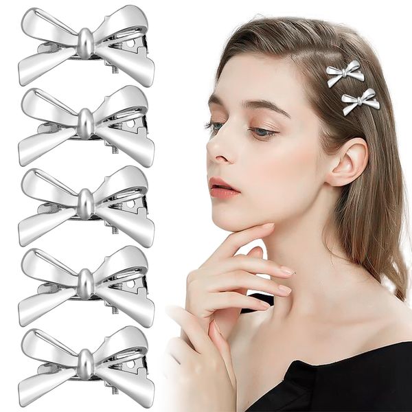 TUCEWP Small Metal Hair Bows for Women Girls 5Pcs Silver Bow Hair Clips Tiny Mini Ribbon Bowknot Alligator Hair Clips Cute Simple Coquette Bow Hairpins Barrettes Fashion Party Y2k Hair Accessories