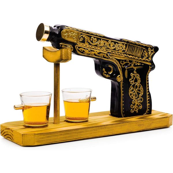 Hand Painted Pistol Whiskey & Wine Decanter by The Wine Savant - Pistol Whiskey Gun Decanter & 2 Bullet Shot Glasses - Military Gifts, Veteran Gifts, Law Enforcement Gifts, Home Bar Gifts, Drinking