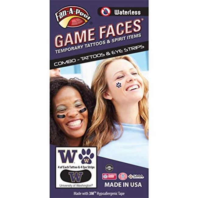 Washington – Waterless Peel & Stick Temporary Tattoos – 10-Piece Combo – 6 Purple/Gold W Logo & 4 Purple/Gold W Logo