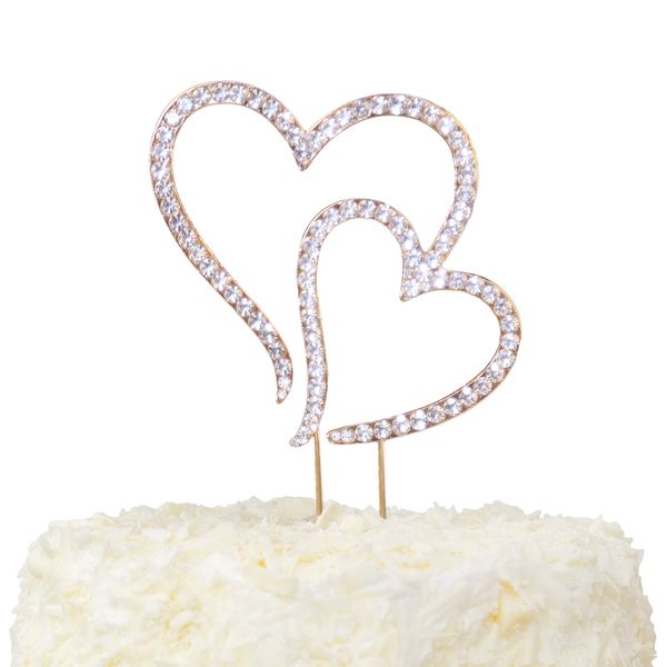 LOVENJOY Gift-Boxed Double Hearts Cake Topper Rose Gold, Crystal Rhinestones