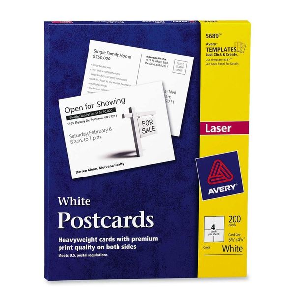 Avery Printable Postcards, 4.25" x 5.5", White, 200 Blank Postcards for Laser Printers (05689)