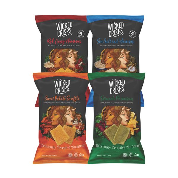 Baked Veggie Chips, Wicked Crisps, Variety Pack, Healthy Snack, Gluten-free, Low-fat, Non-GMO, Kosher, Crunchy Gourmet Savory Crisps, No Additives or Preservatives, 4oz bag, (4 pack)