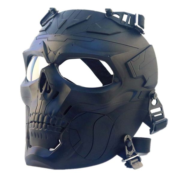 JEIMAI Tactical Airsoft Full Face Skull Mask, Adjustable Paintball Mask Full Face Protective Masks with PC Lens Goggles for Cs BBs Game Halloween Cosplay (Blcak-clear lens)