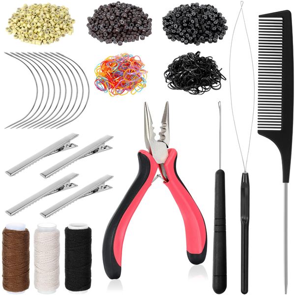 Hair Extension Tools Kit, 600 Silicone Lined Micro Rings, 1 Plier, 2 Hook Needle Pulling Loop, 10 Curved Hair Needle, 4 Metal Hair Clips, 1 Comb, 3 Sewing Threads, 200 Mini Rubber Bands