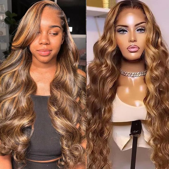 JFOOHD Highlight Lace Front Wig Human Hair 13x6 HD Transparent Honey Blonde Body Wave Lace Frontal Wigs Human Hair 26 Inch 4/27 Colored Highlight Ombre Lace Front Wig Human Hair for Women 180 Density