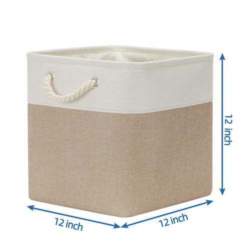 Temary 4 Pack Cube Storage Bins Cloth Baskets for Shelf, Fabric Storage Cubes 12 x 12 Baskets Gift Empty Toy Baskets for Kids, Dog Toy Baskets for Storage (White&Khaki)