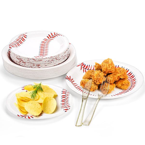 Kingrol 100 Pack Baseball Plates, 9" and 7" Baseball Themed Party Supplies Birthday Decor, Disposable Paper Plates, Round Food Serving Tray for Kids Serves