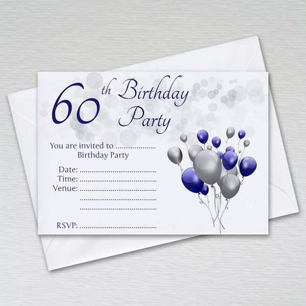 Pack of 60th Birthday Party Invitations with Envelopes: Blue & Silver Sixtieth Invites for Male/Female Birthday Parties (Pack of 20 Blue & Silver with Envelopes)