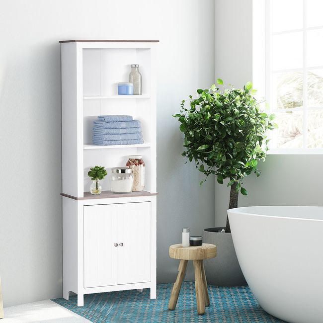 69” Wood Freestanding Bathroom Linen Tower Storage Unit Cabinet White