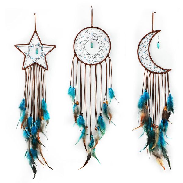 Jetec 3 Pcs Dream Catcher Moon Sun Star Design Handmade Traditional Design Craft Ornament for Wall Art Hanging Home Decoration Dreamcatcher for Bedroom Kid Boy Girl Wedding (Dark Blue)