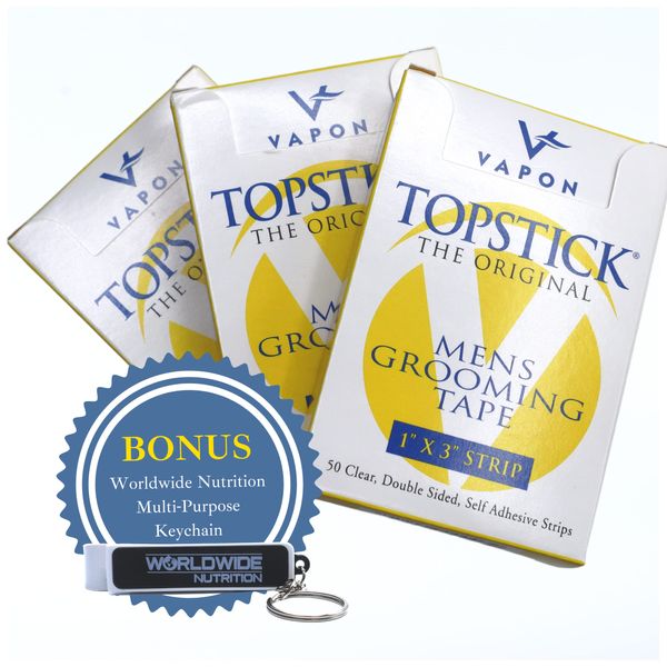 Vapon Topstick - The Original Men's Grooming Tape - Self Adhesive, Clear, Double Sided Tape for Toupee and Wig Adhesive - 150 Count (3 Boxes) of 1" x 3" Strong Tape Wig Strips with Bonus Key Chain