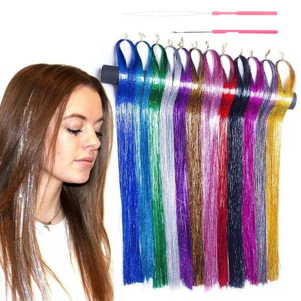 12 Farben Tinsel Strands, Haar Lametta Haare, Lametta Haarverlängerungen, Haar Lametta Stränge, Extensions Haar Lametta, Haar Lametta Kit, für Frauen Haarverlängerungen, Cosplay Partybedarf (90cm)