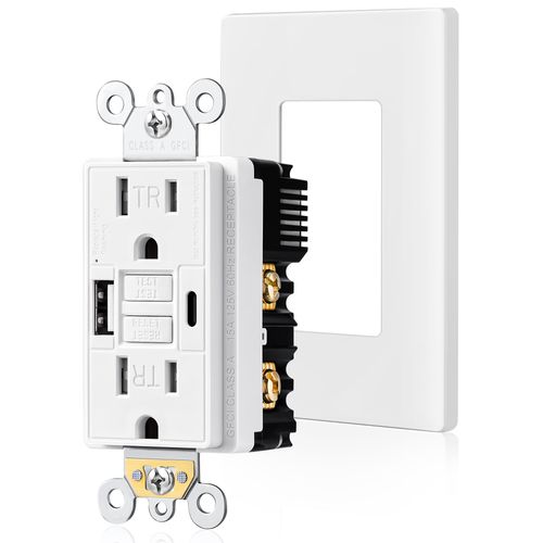 SURAIELEC 15 Amp GFCI Outlet with USB-C & USB-A Ports, GFCI Combo USB Outlet, 5V/4.8A Total Output, Tamper-Resistant Receptacle with USB Ports, Screwless Wall Plate, ETL Listed, White, 1-Pack
