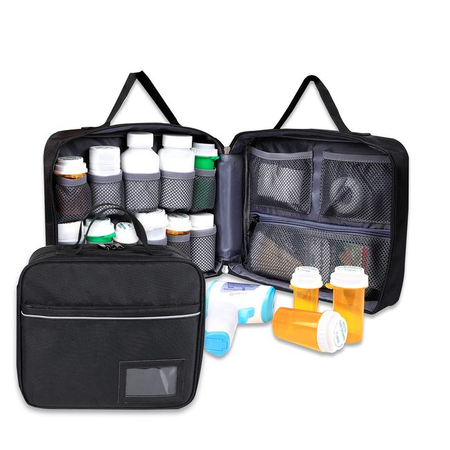 Yxmeiguo Pill Bottle Organizer, Medicine Bag Large, Travel Medicine Organizer Storage Bag, Lockable Padded Prescription Medication Bag, Holds 20