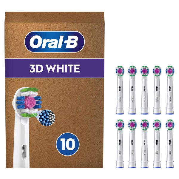 Oral-B 3D White Electric Toothbrush Head with CleanMaximiser Technology, Angled Bristles for Deeper Plaque Removal, Pack of 10 Toothbrush Heads, White