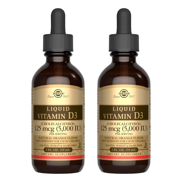 Solgar Liquid Vitamin D3 125 mcg (5,000 IU) - 2 fl oz, Pack of 2 - Natural Orange Flavor - Helps Maintain Healthy Bones & Teeth - Immune System Support - Gluten & Dairy Free - 118 Total Servings