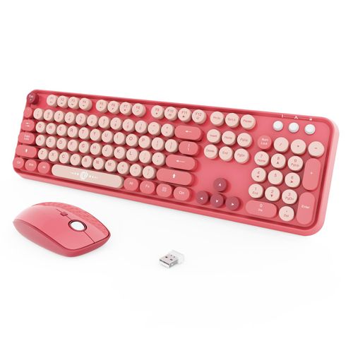 Wireless Keyboard and Mouse Combo, 2.4 GHz Full-Sized Typewriter Keyboard and Mouse Wireless with Round Keycaps for Windows, Computer, Desktop, PC, Laptop (BerryPink)