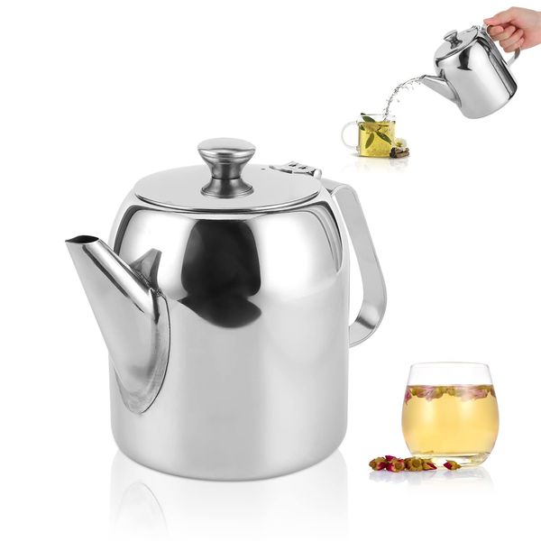 Teapot,850ml Coffee Pot,Stainless Steel Teapot Silver Cold Water Jug Round Pot Short Spout Camping Teapot Stove-top Tea Kettle for Hotel, Restaurant,Home,Office Cafe