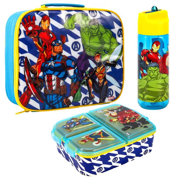 Zawadi Global Avengers Kids Childrens Lunch Box Set – Insulated Lunch Bag, Multicompartment Lunch Box & 540ml Water Bottle - School Travel Lunch Food Set, BPA Free