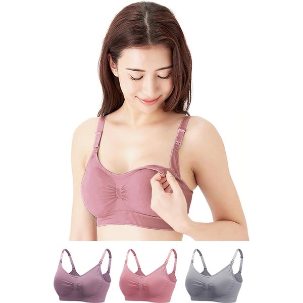 Charmake Body 3-piece Set, Nursing Bra, Maternity Bra, Strap Open, Prenatal, Postpartum, Extension Hook, Bra Extender, purple + dull pink + gray