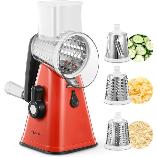 Cheese Grater, Reemix Rotary Cheese Grater with Handle, Kitchen Mandoline Vegetable Slicer with 3 Replaceable Stainless Steel Blades, for Nuts, Vegetable, Chocolate, Chesse (Red)